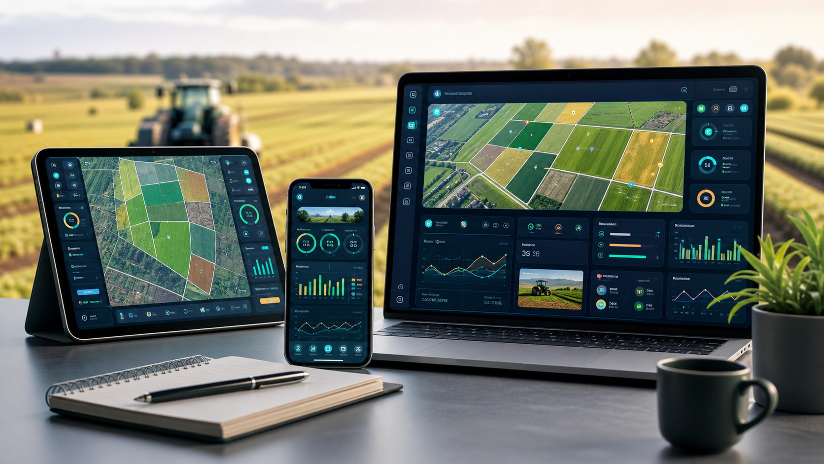 Illustrative farm management app dashboard across laptop, tablet, and phone