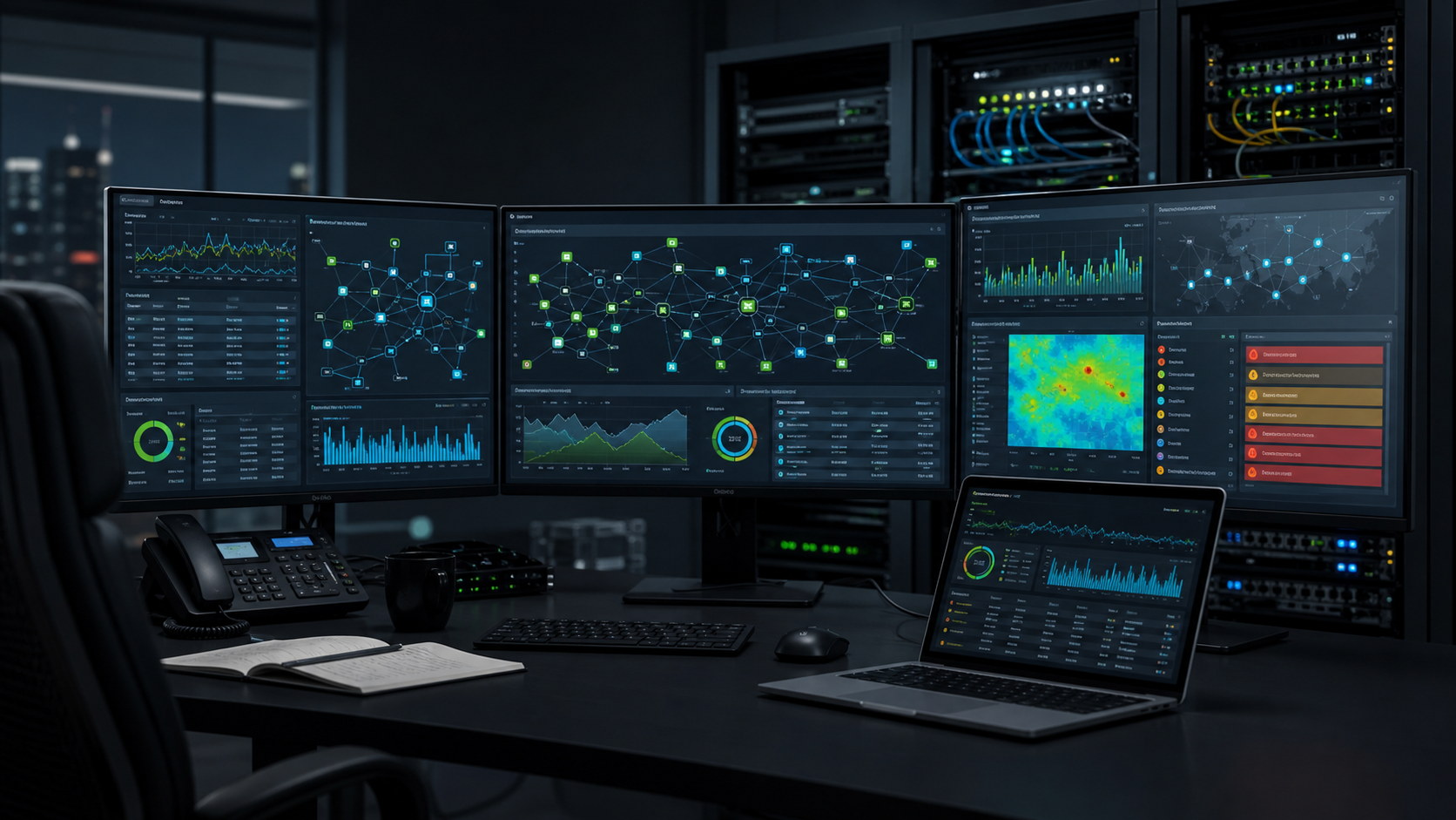 Illustrative network operations dashboard with topology, charts, and telecom equipment