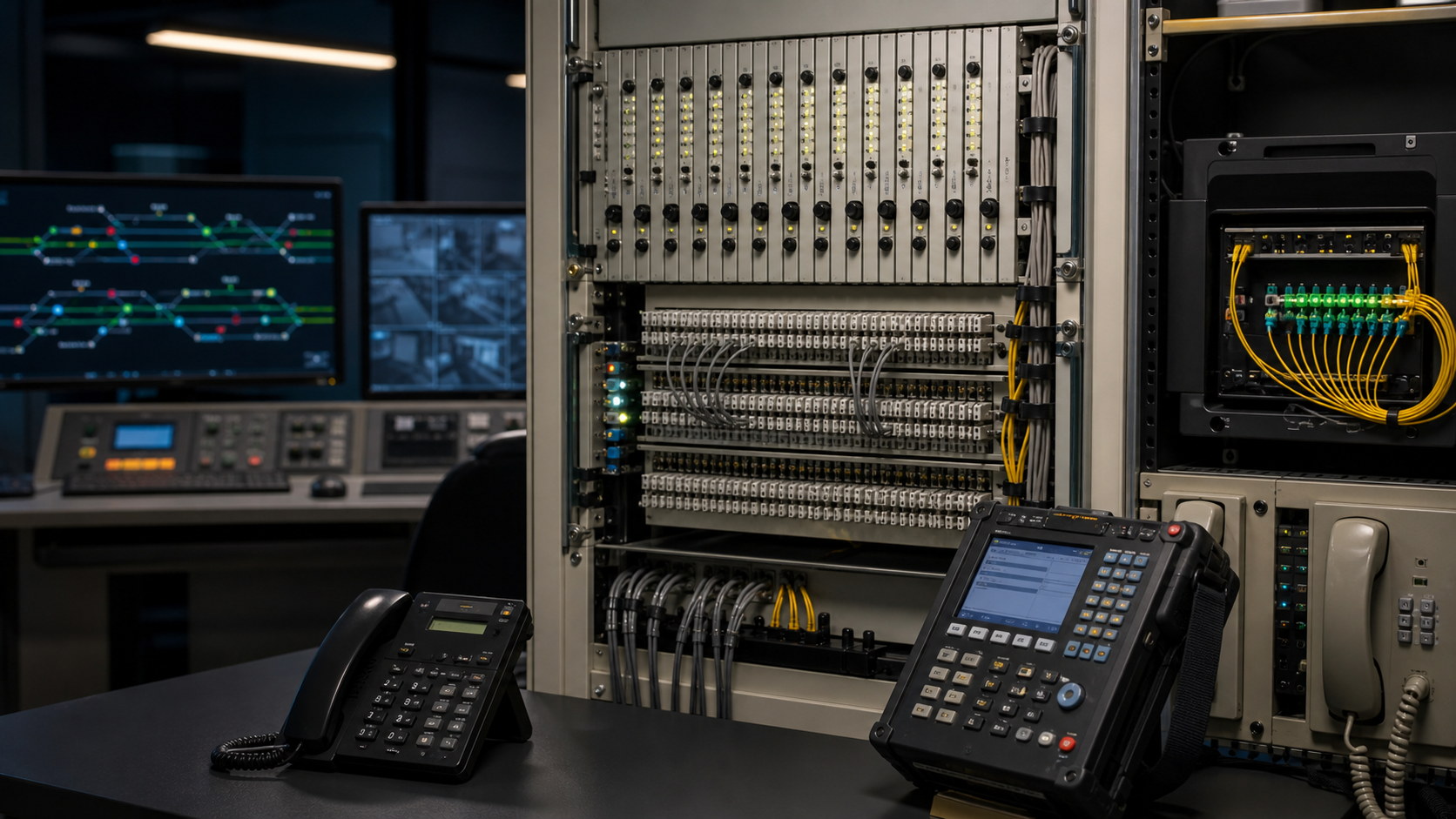 Illustrative railway telecommunications PABX exchange rack with patch panels and test equipment