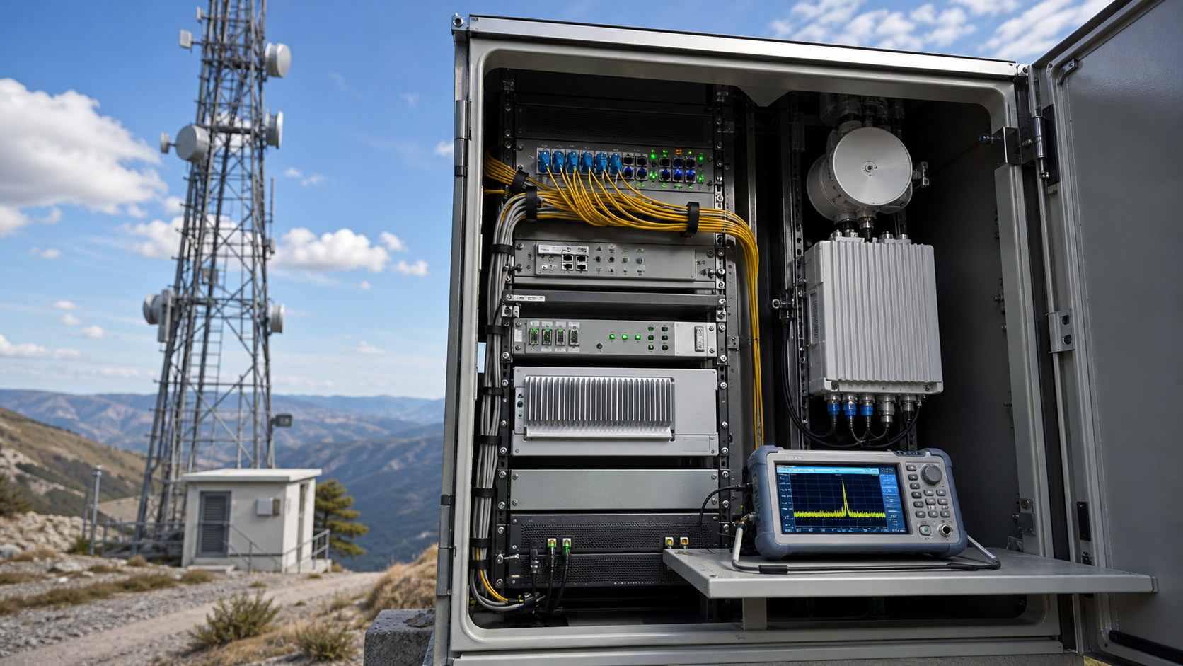 Illustrative RF cabinet, microwave equipment, and telecom mast