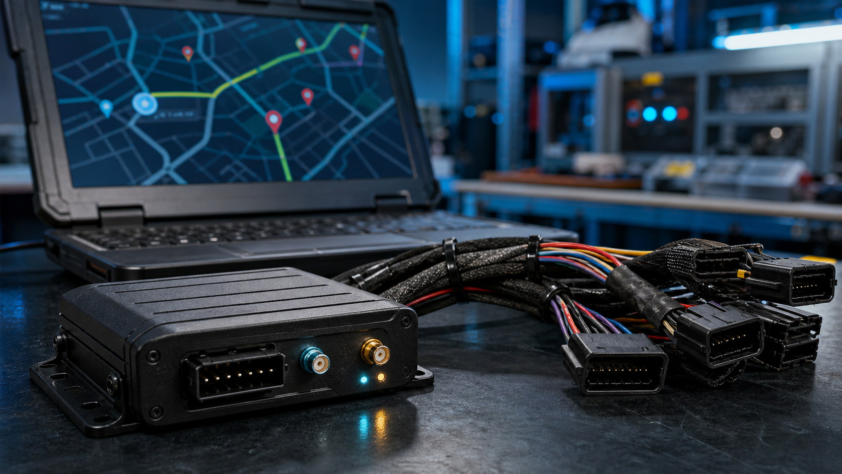 Illustrative GPS/GSM telematics module with vehicle wiring and tracking display