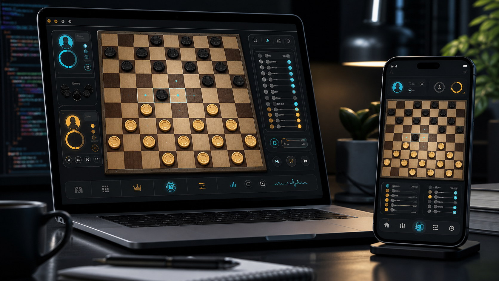 Illustrative online draughts game interface on laptop and phone